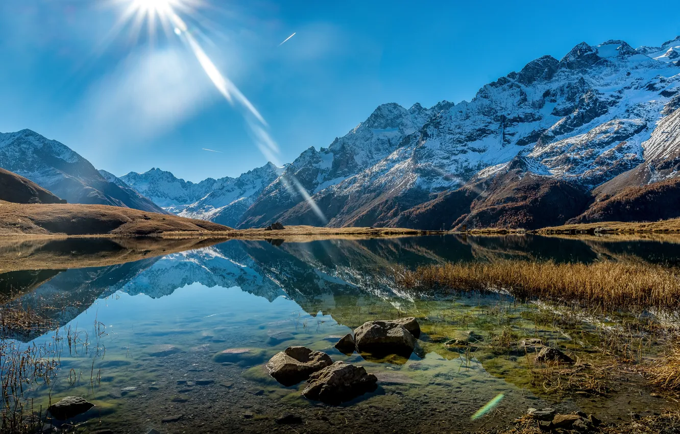 Photo wallpaper the sky, water, the sun, light, mountains, lake, sky, water
