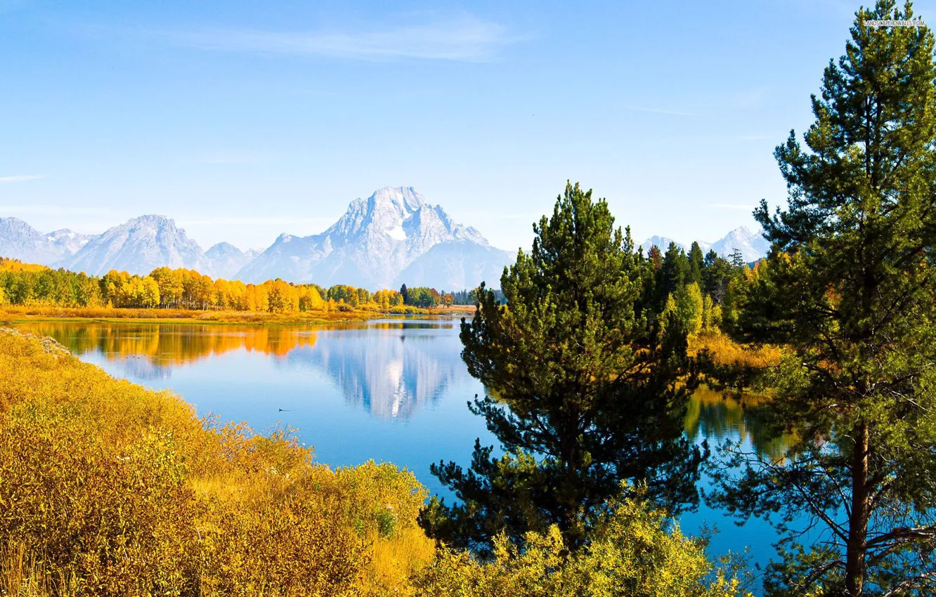 Photo wallpaper autumn, forest, the sky, mountains, lake