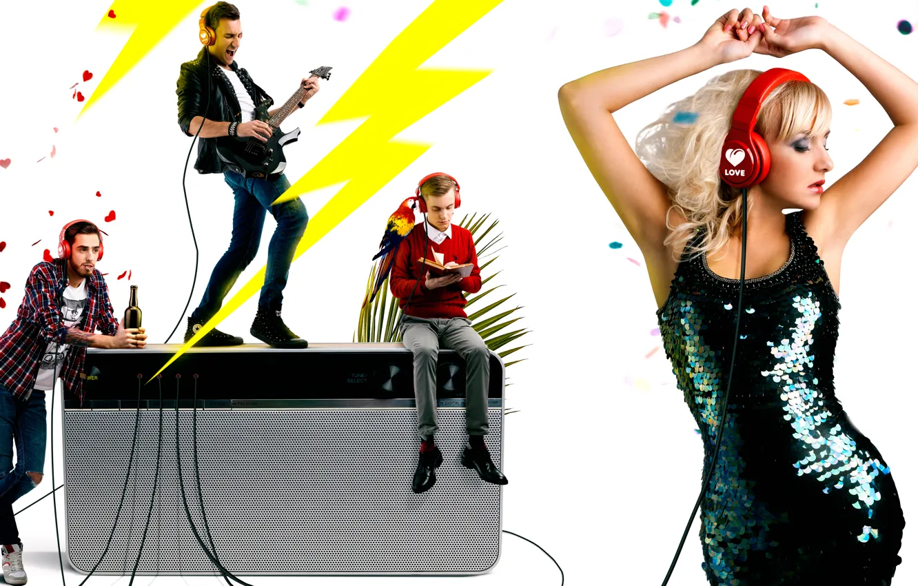 Photo wallpaper girl, guitar, dance, headphones, guys