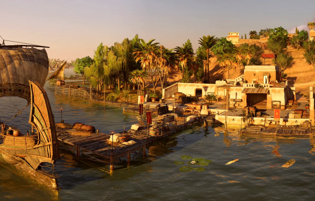 Photo wallpaper river, ship, Settlement, Egypt, Assassin's Creed Origins