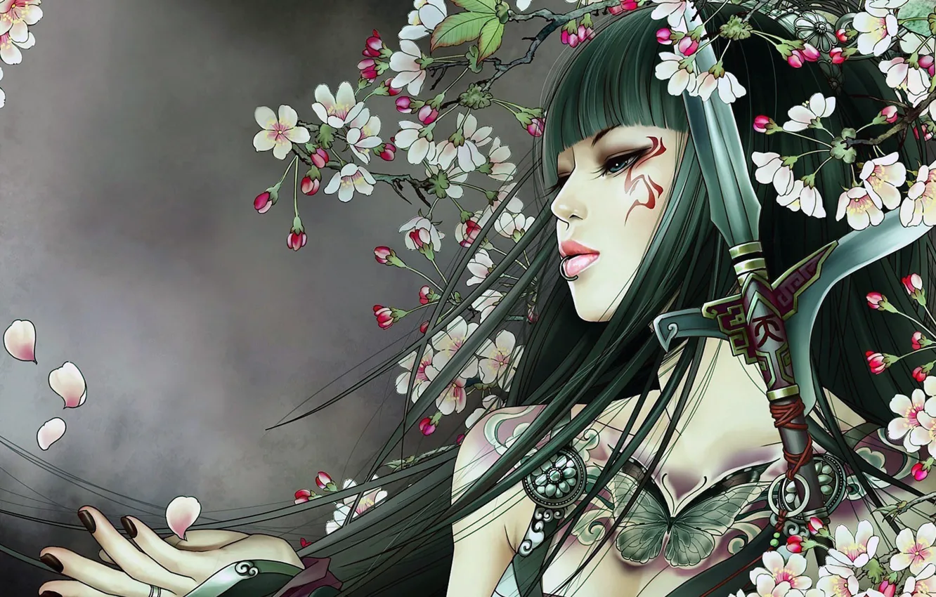 Photo wallpaper girl, sword, fantasy, weapon, blue eyes, butterfly, flowers, lips