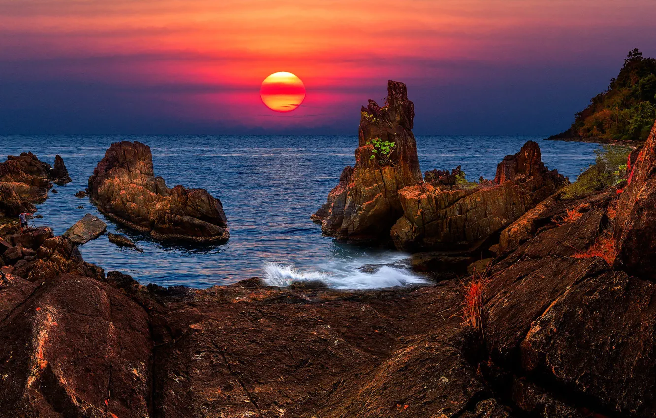 Photo wallpaper sea, the sun, landscape, sunset, nature, rocks, Thailand