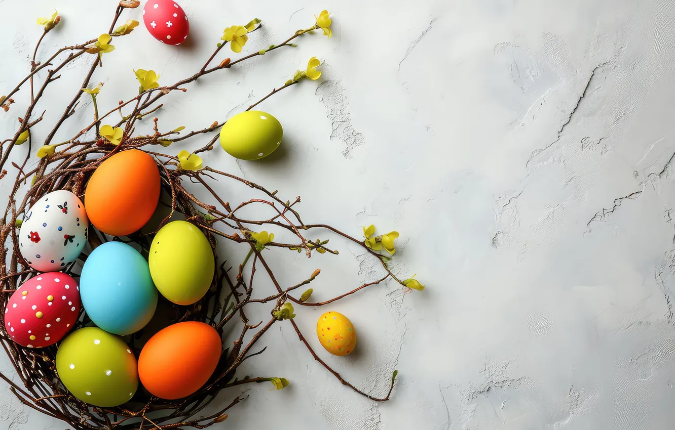 Photo wallpaper flowers, eggs, spring, colorful, Easter, blossom, flowers, spring