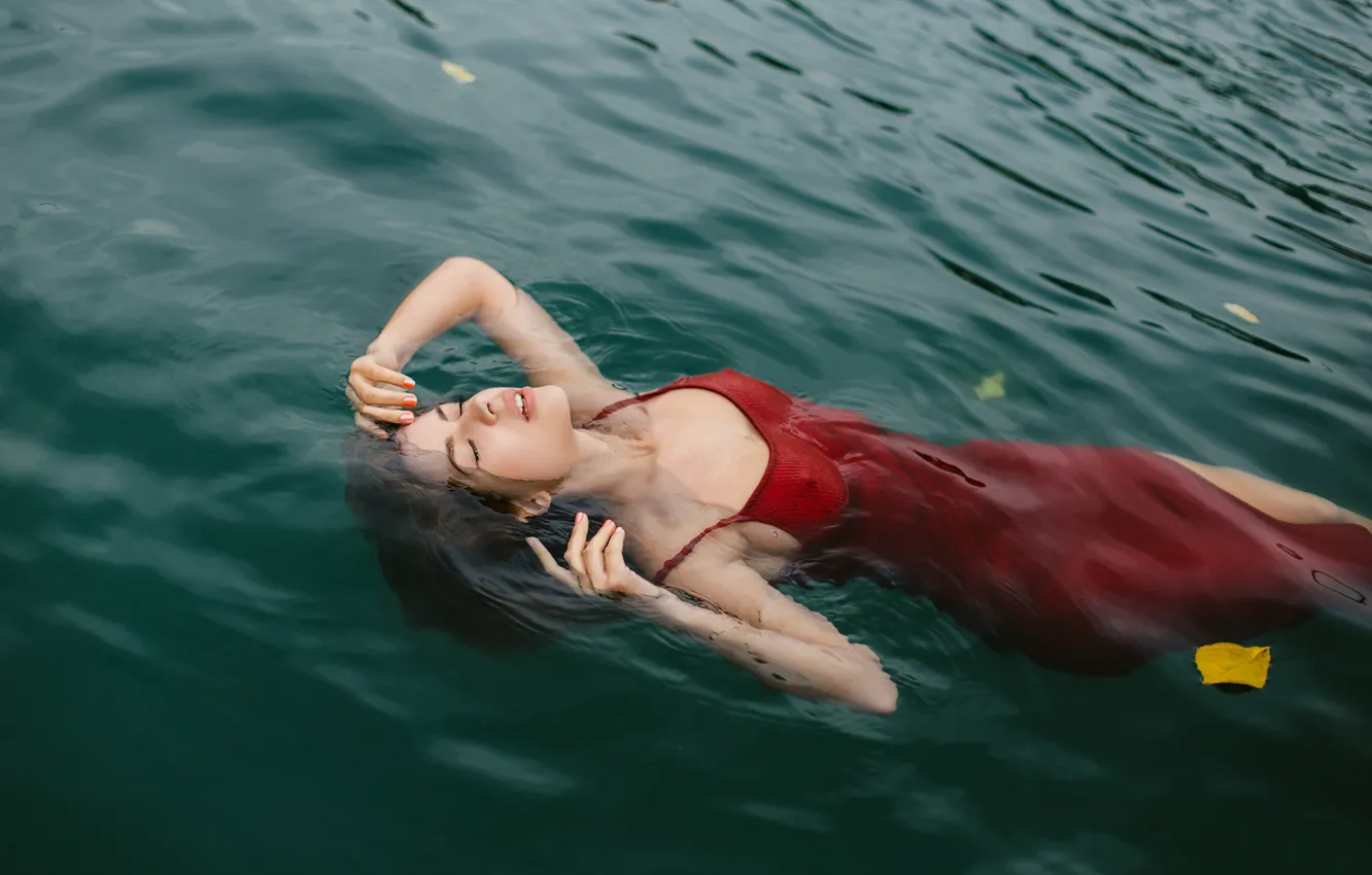 Photo wallpaper water, girl, pose, mood, the situation, hands, dress, closed eyes