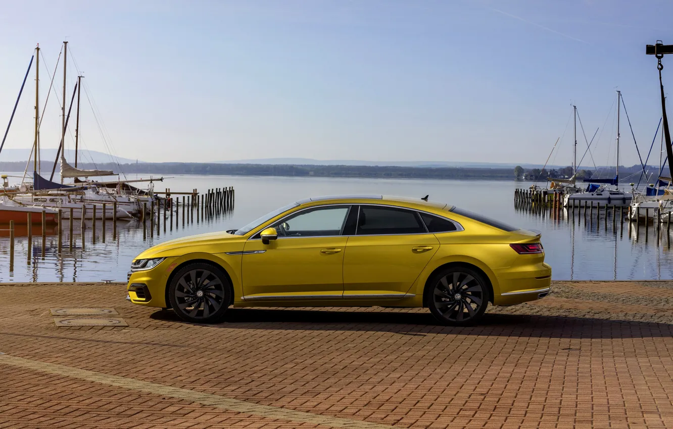 Photo wallpaper yellow, pier, Volkswagen, profile, 2018, R-Line, liftback, 2017