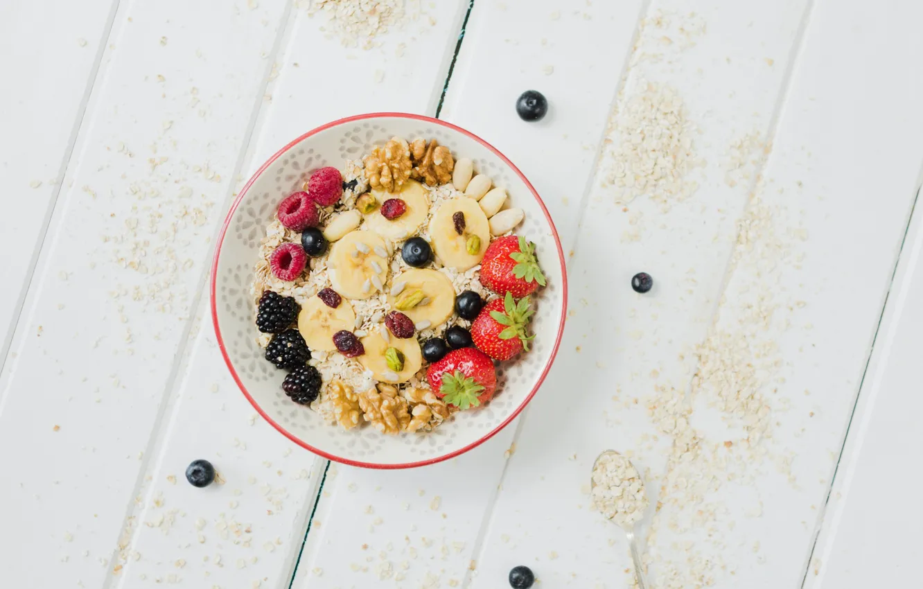 Photo wallpaper berries, Breakfast, blueberries, strawberry, muesli