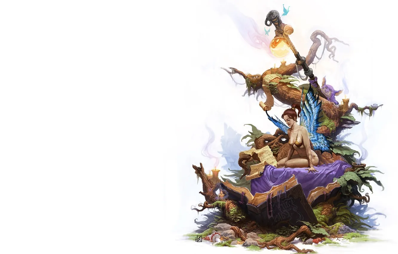 Photo wallpaper girl, trees, butterfly, wings, fairy, art, white background, book