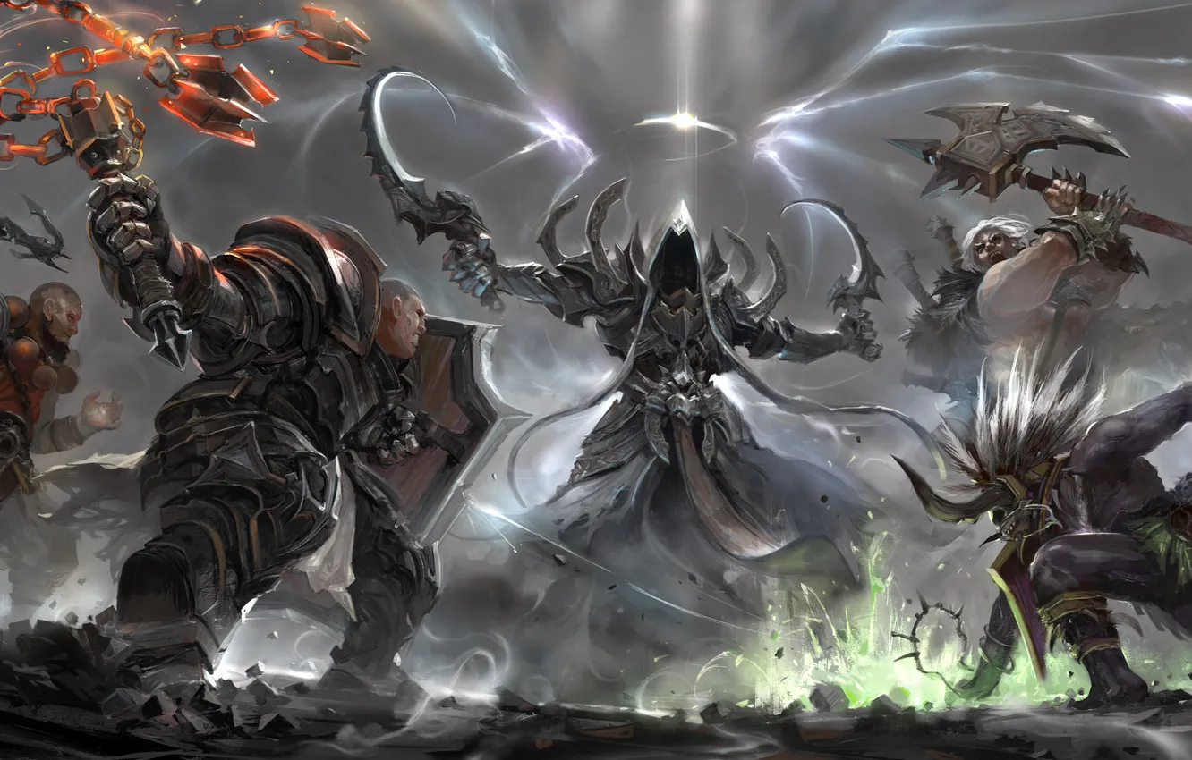 Photo wallpaper weapons, art, monk, battle, Diablo III, barbarian, monk, Demon Hunter