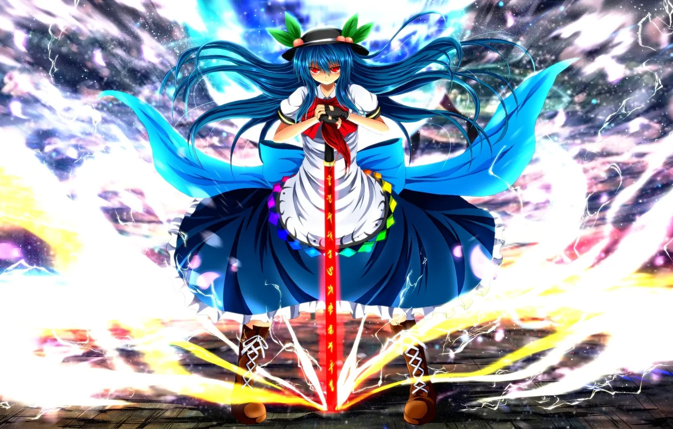 Photo wallpaper look, girl, weapons, anger, lightning, Hinanawi Tenshi, touhou, art