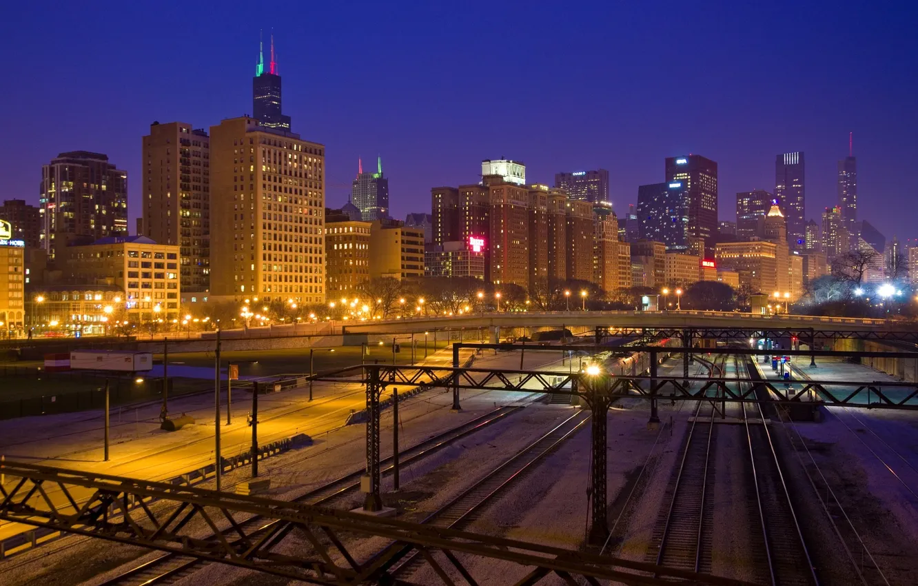 Photo wallpaper night, lights, Park, skyscrapers, Chicago, lights, USA, America