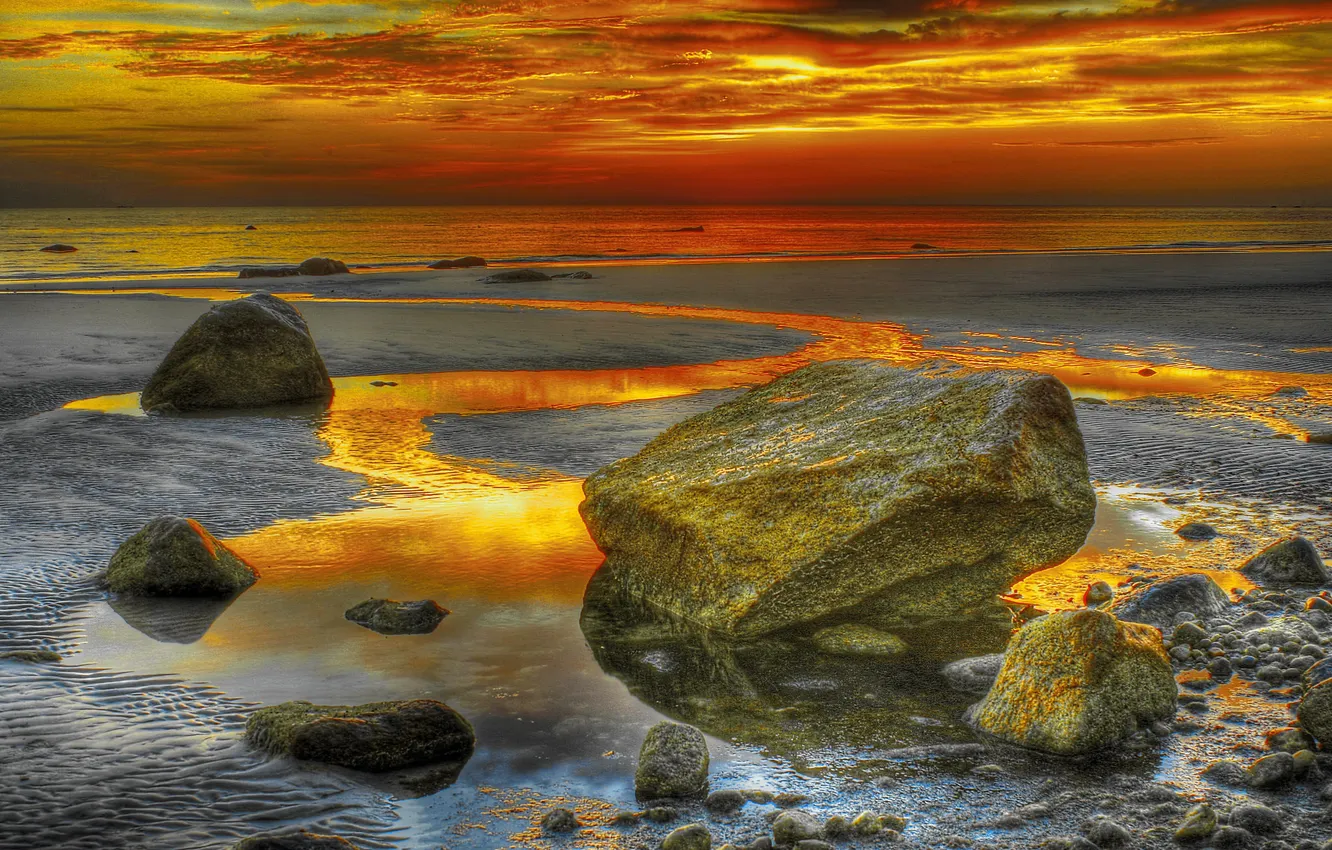 Photo wallpaper sea, clouds, stones, shore, HDR, tide, glow, USA