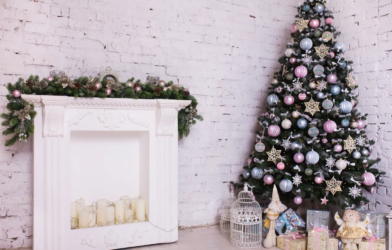 Photo wallpaper decoration, room, toy, tree, new year, Christmas, white, Christmas