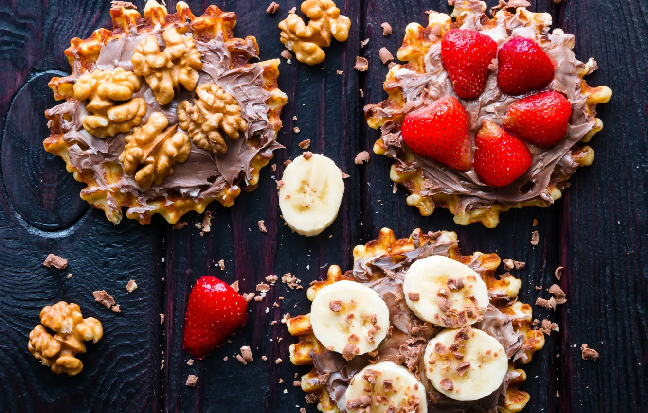 Photo wallpaper food, chocolate, strawberry, bananas, nuts, cream, waffles, sweet