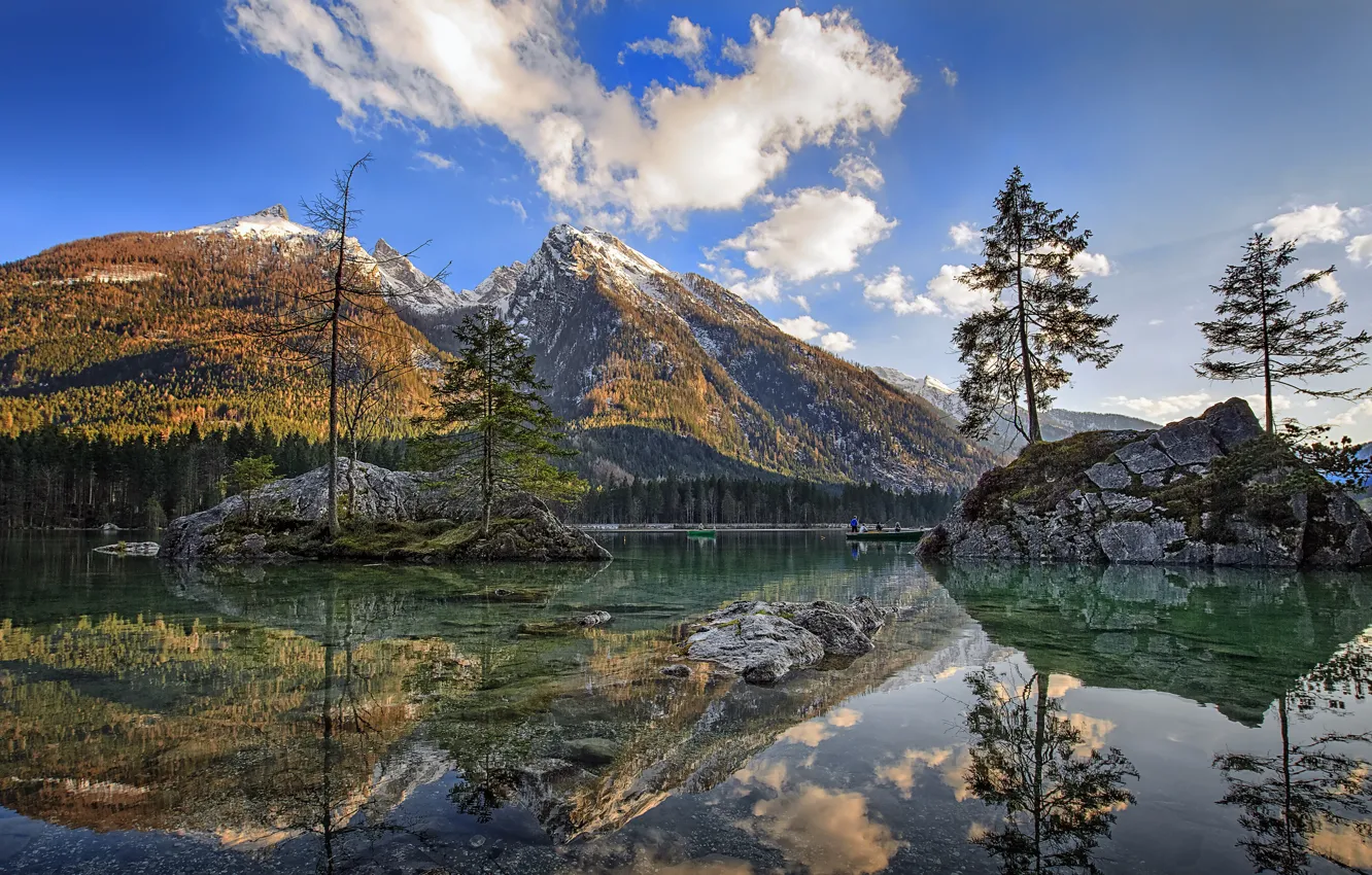 Photo wallpaper forest, the sky, clouds, trees, mountains, river, stones, boat