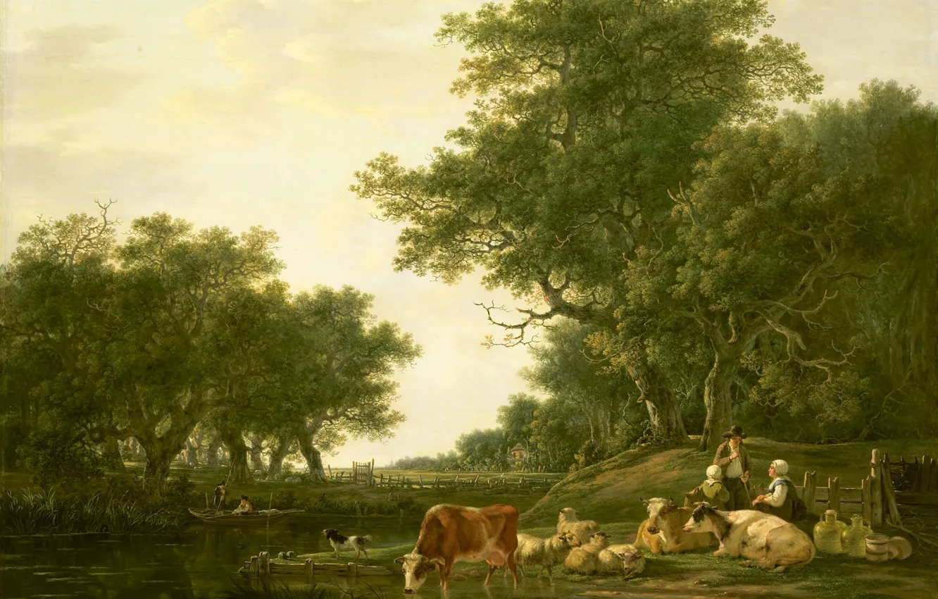 Photo wallpaper tree, oil, picture, Jacob van stry, Landscape with Peasants, with Cattle and Fisherman on the …
