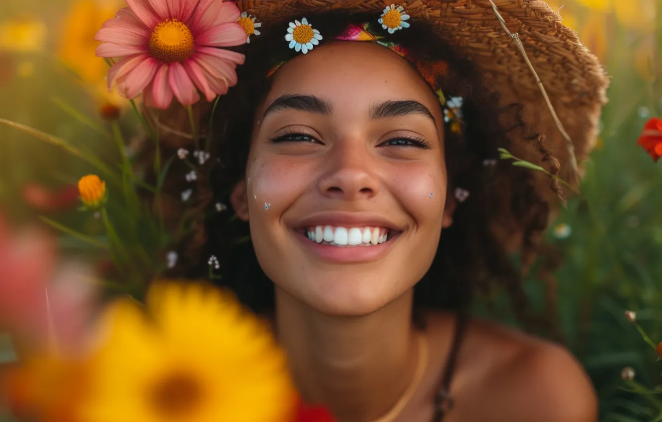 Photo wallpaper summer, grass, look, girl, joy, flowers, yellow, nature
