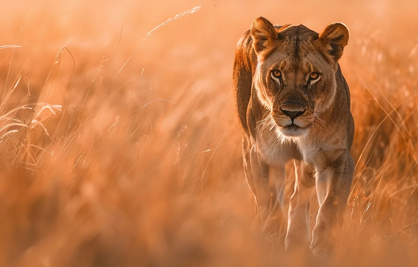 Photo wallpaper field, grass, look, face, lioness, sneaks, bokeh, AI art