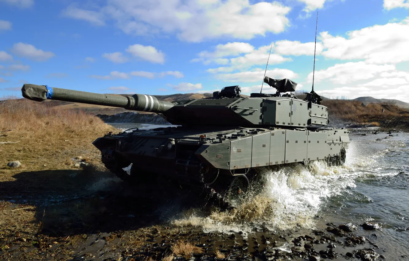 Photo wallpaper the sky, squirt, river, tank, combat, Leopard 2А6, "The leopard 2A6"