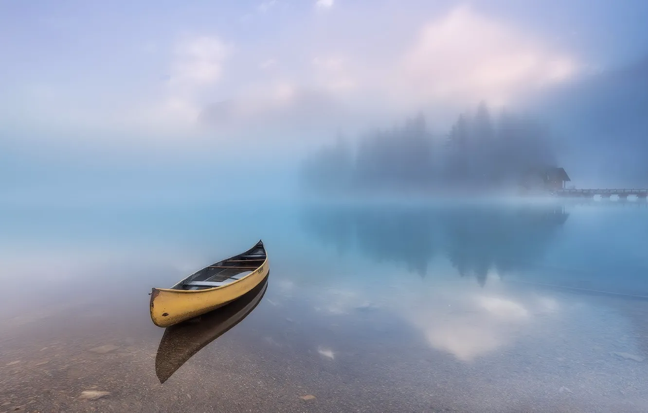 Photo wallpaper water, fog, boat, silence, peace