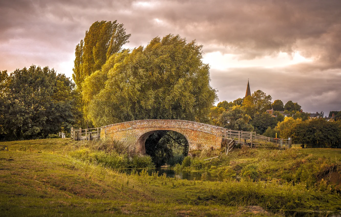 Photo wallpaper summer, the sky, grass, clouds, trees, bridge, shore, arch