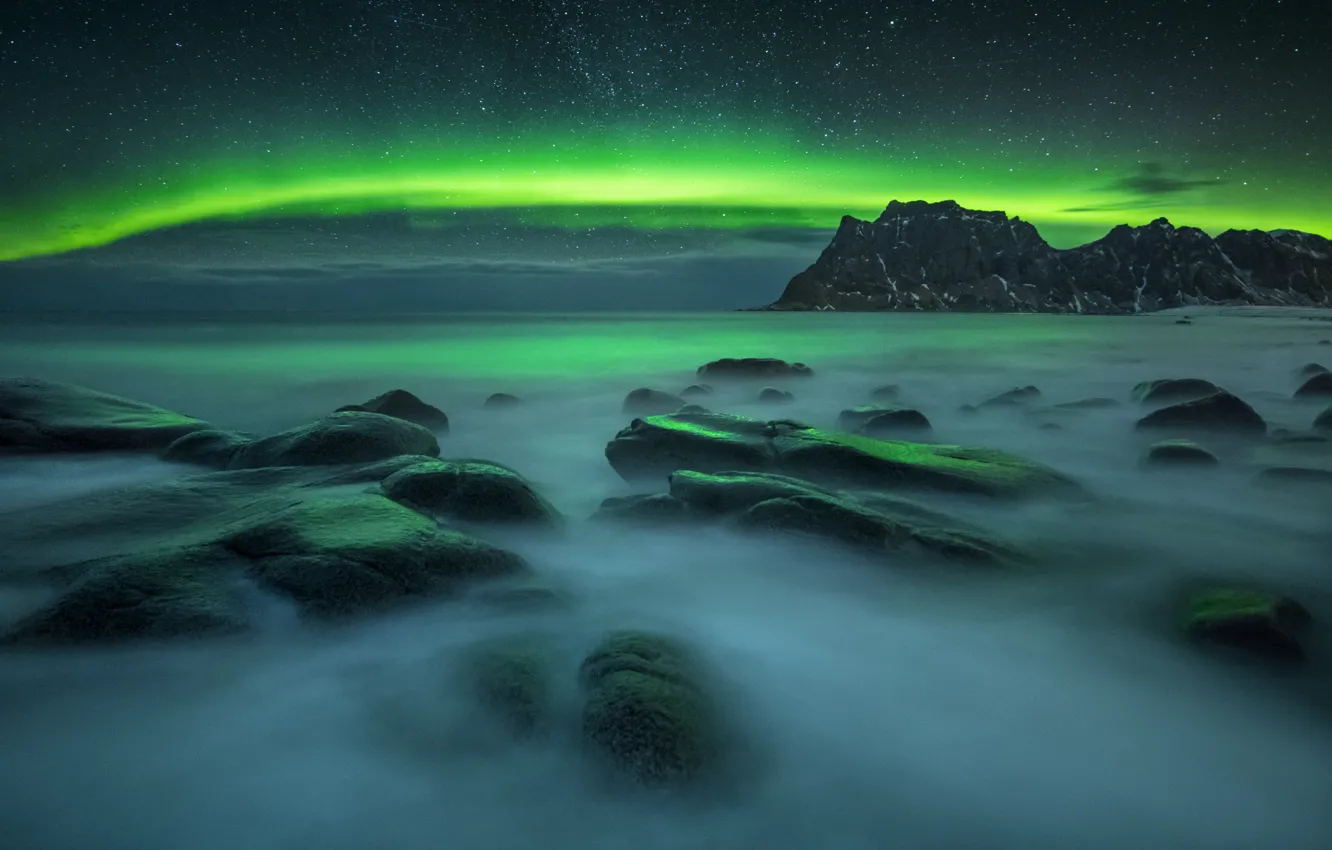 Photo wallpaper sea, landscape, nature, stones, stars, Northern lights, Norway, The Lofoten Islands