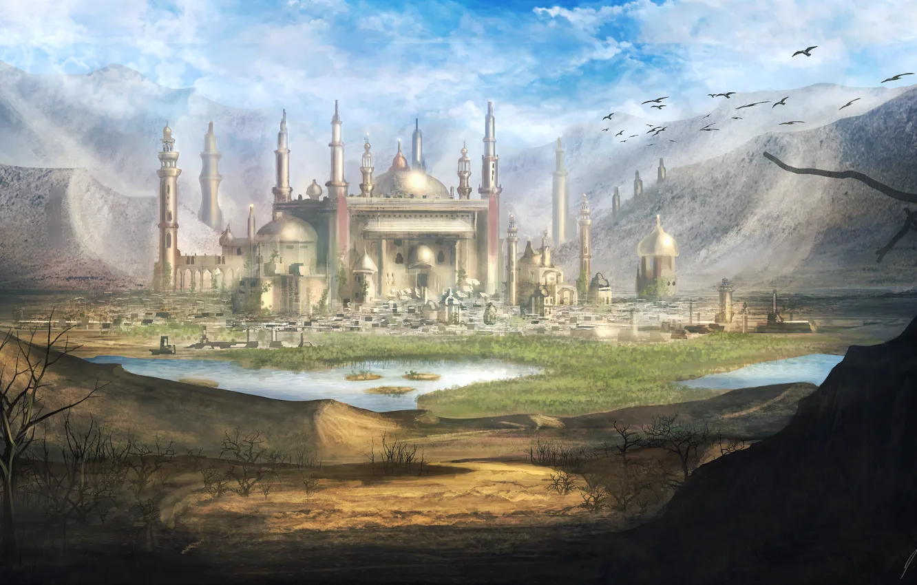 Photo wallpaper landscape, mountains, valley, fantasy, art, oasis, fantasy, landscape