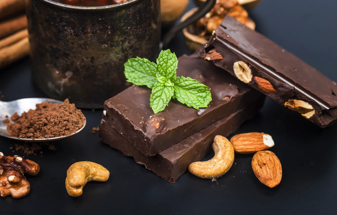 Photo wallpaper chocolate, nuts, mint