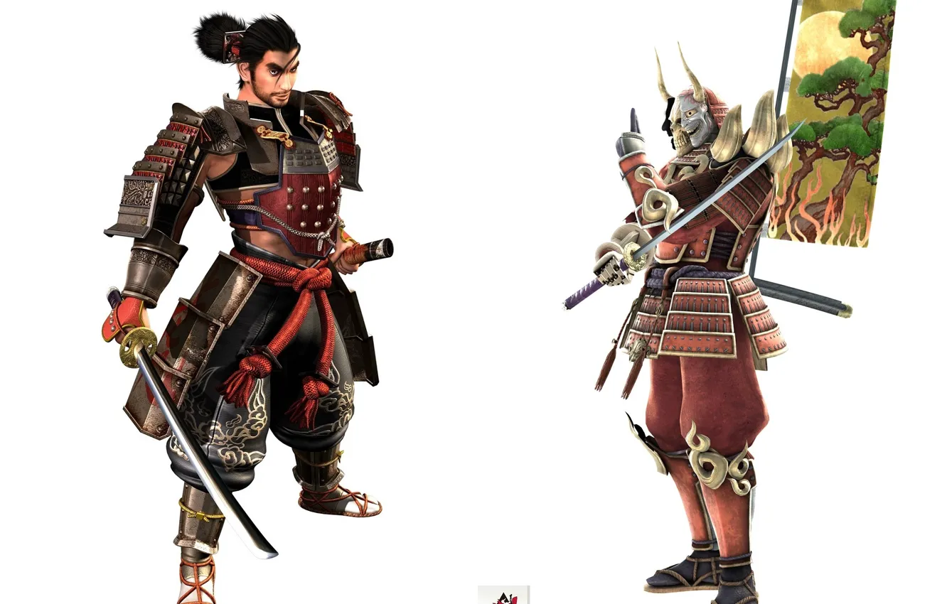 Photo wallpaper skull, katana, armor, mask, samurai, white background, horns, Soul Calibur
