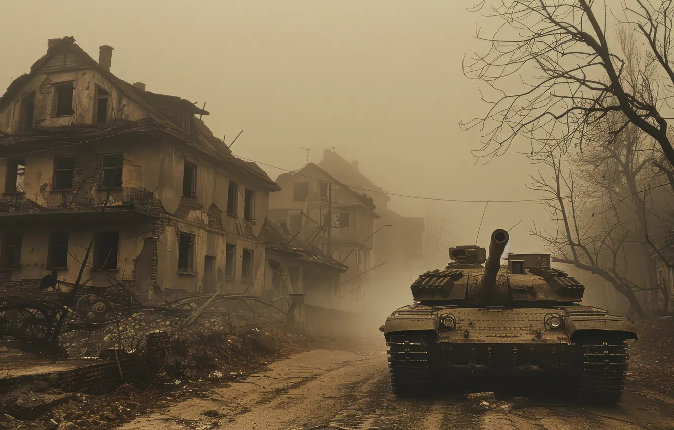 Photo wallpaper fog, building, home, tank, devastation, black and white, digital art, AI art