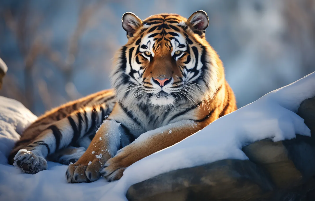 Photo wallpaper winter, look, snow, tiger, predator, big cat, digital art, Siberian tiger