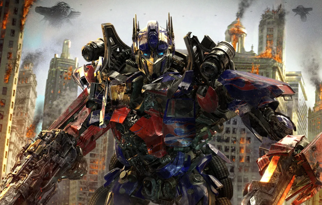 Photo wallpaper the city, weapons, fiction, robot, the movie, battle, the Autobots, Optimus Prime