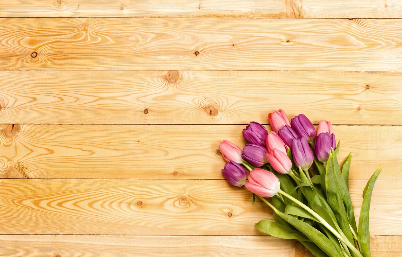 Photo wallpaper flowers, bouquet, tulips, love, pink, wood, pink, flowers