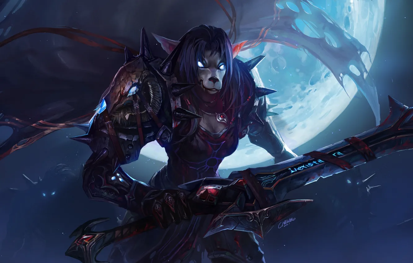 Photo wallpaper night, the moon, blood, sword, armor, spikes, WoW, World of Warcraft