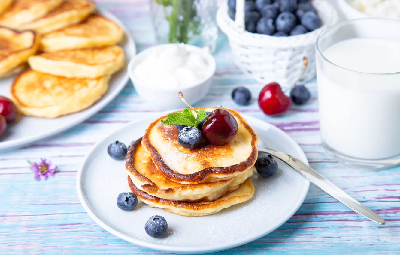 Photo wallpaper cherry, berries, Breakfast, milk, pancakes