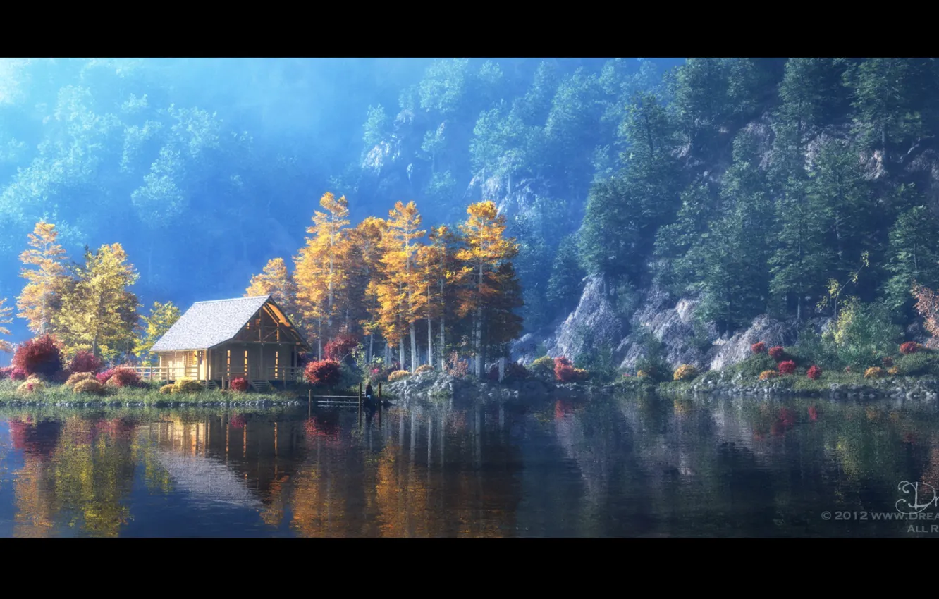 Photo wallpaper mountains, lake, shore, people, pier, house, A Little Place of My Own