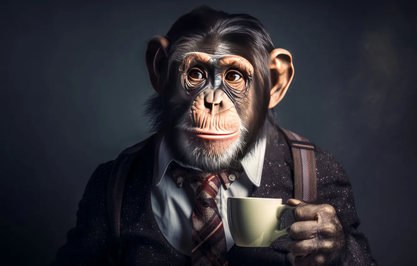 Photo wallpaper coffee, clothes, Ape, chimpanzees, AI Art
