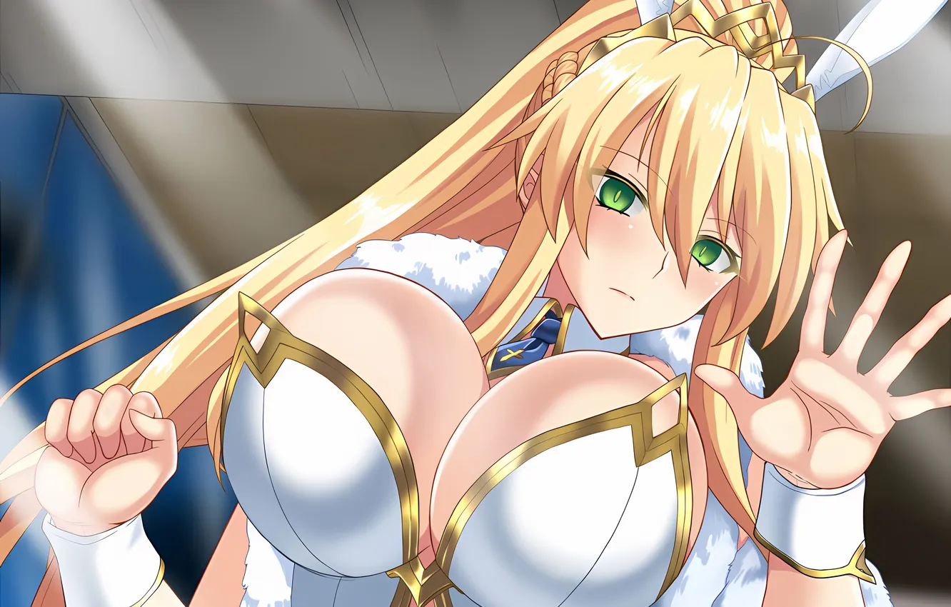 Photo wallpaper girl, sexy, cleavage, green eyes, long hair, boobs, anime, beautiful