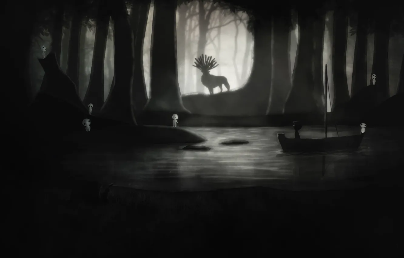 Photo wallpaper night, river, boy, deer, art, Limbo
