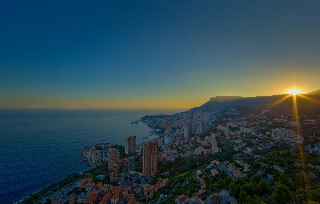 Photo wallpaper sea, the sky, water, the sun, rays, light, landscape, the city