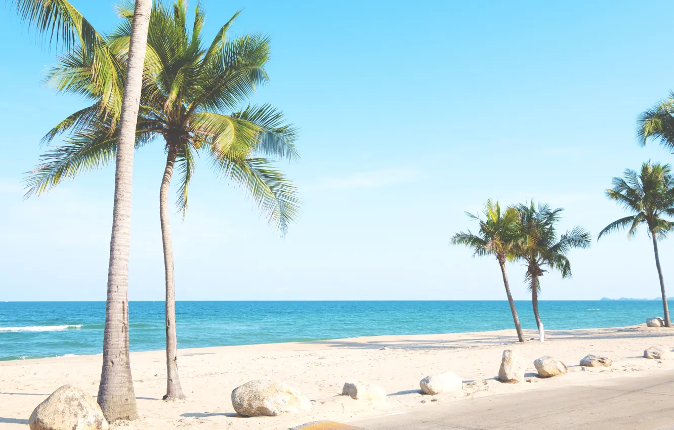 Photo wallpaper sand, sea, wave, beach, summer, the sky, palm trees, shore