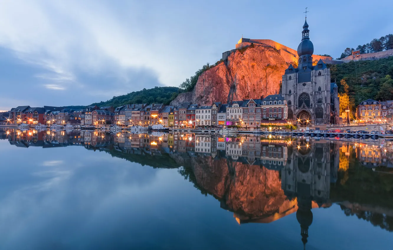 Photo wallpaper lights, reflection, river, the evening, Belgium, Dinant, River Meuse