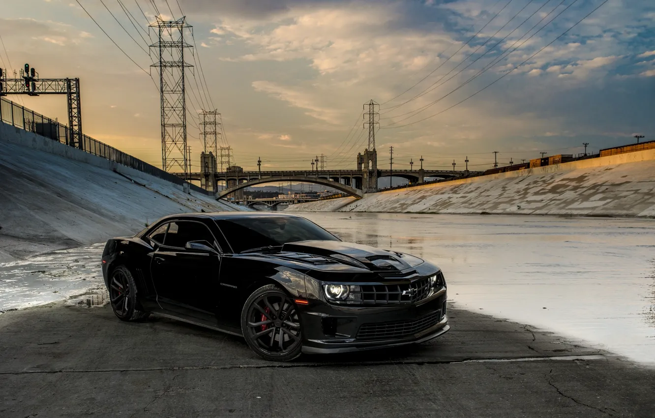 Photo wallpaper bridge, black, Chevrolet, black, chevrolet, bridge, camaro ss, Camaro