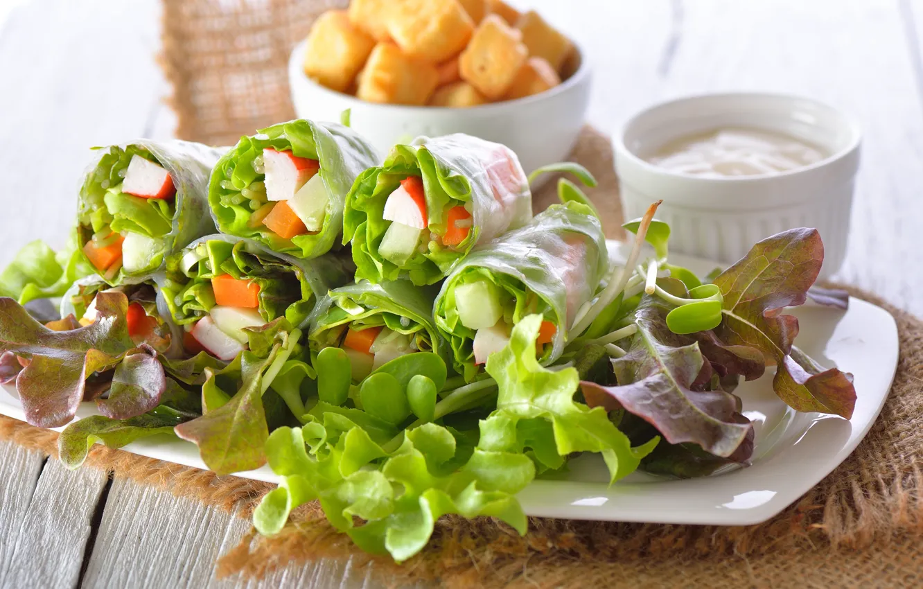 Photo wallpaper greens, food, vegetables, sauce, salad, appetizer