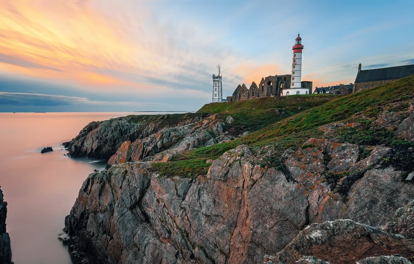 Photo wallpaper sea, the sky, stones, dawn, coast, France, lighthouse, horizon