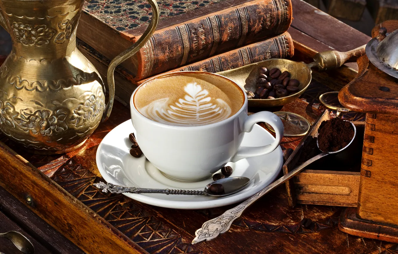 Photo wallpaper foam, pattern, coffee, grain, hammer, spoon, Cup, book