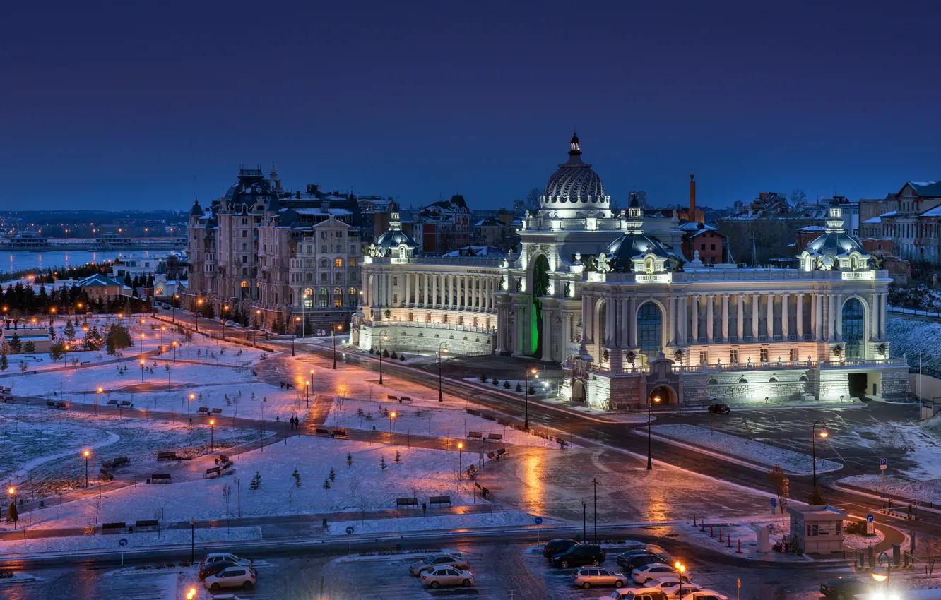 Photo wallpaper the city, lights, river, tale, backlight, twilight, promenade, Kazan