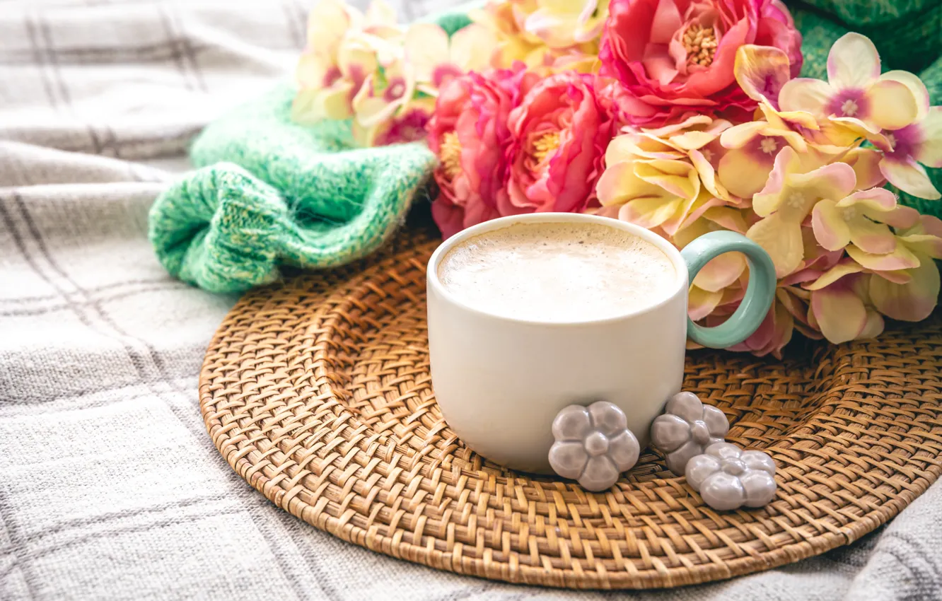 Photo wallpaper flowers, coffee, drink, foam