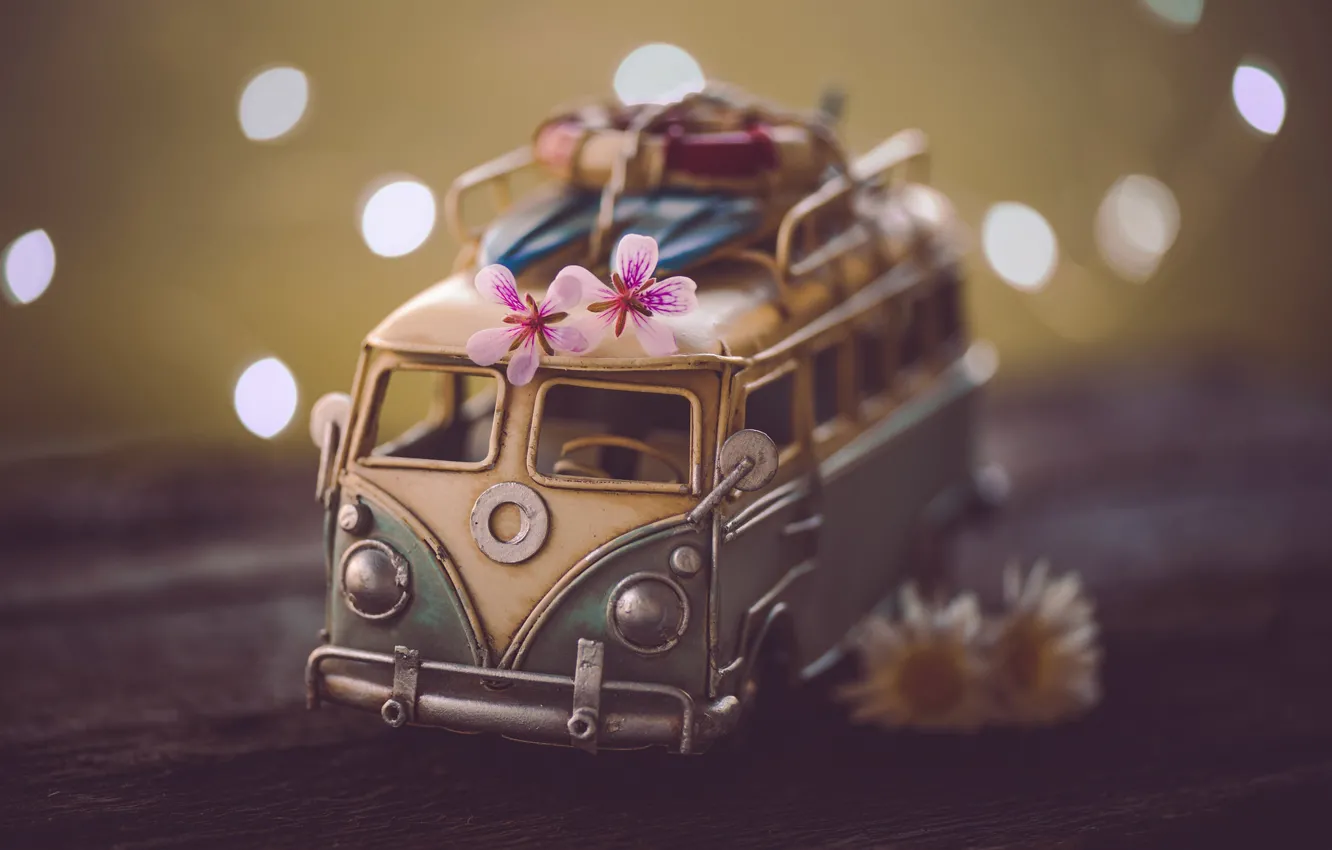 Photo wallpaper machine, light, flowers, glare, toy, Board, bus, machine
