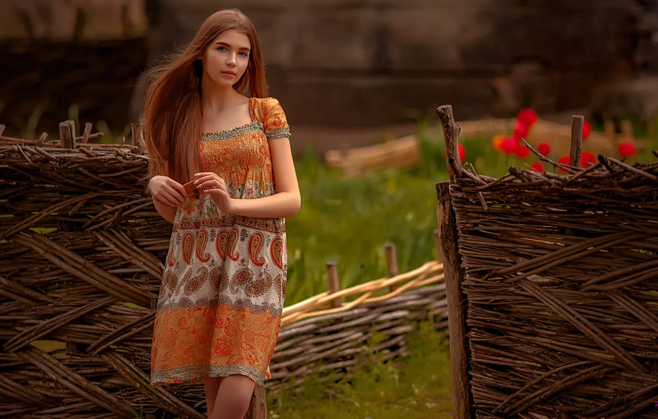 Photo wallpaper grass, look, flowers, model, the fence, portrait, makeup, dress
