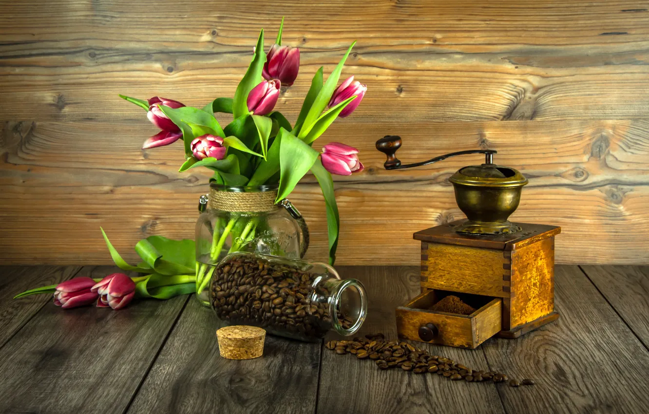 Photo wallpaper leaves, flowers, Board, coffee, bouquet, Bank, tulips, pink